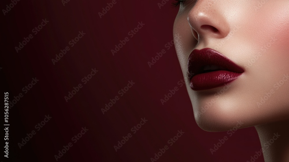 Close-up portrait of woman with bold lipstick against dark red background mockup Close-up portrait of woman with bold lipstick against dark red background mockup