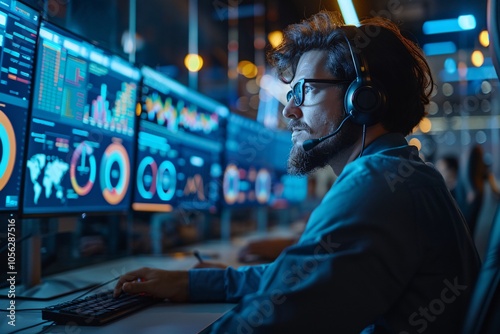 A data analyst, wearing a headset, intently observes various graphs and statistics on screens in a high-tech office. The workspace is illuminated with soft lighting, creating a dynamic atmosphere