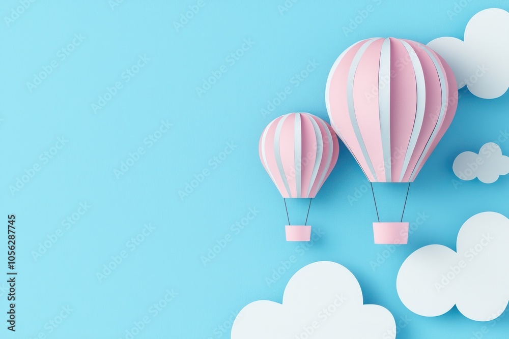 Paper cut hot air balloons floating in a blue sky, copy space for text