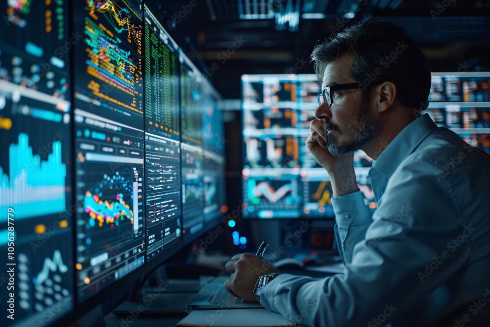 A focused trader sits in front of numerous screens, studying complex data and charts, while taking notes and engaging in a phone conversation in a modern trading environment A focused trader sits in front of numerous screens, studying complex data and charts, while taking notes and engaging in a phone conversation in a modern trading environment