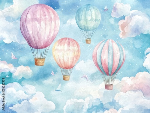 Pastel watercolor hot air balloons mural for a kidsa?? room wall background