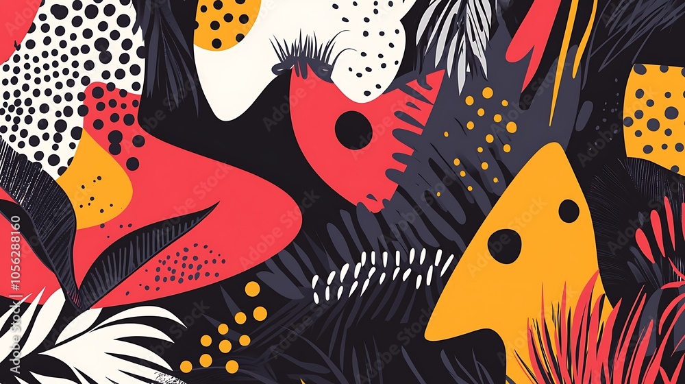 Abstract colorful pattern with stylized plants and leaves on black background. Abstract colorful pattern with stylized plants and leaves on black background.