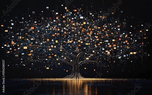 Eyecatching 3D visualization of a digital lineage tree showcasing user icons and speech bubbles, representing personal data and social connections on a rich dark backdrop