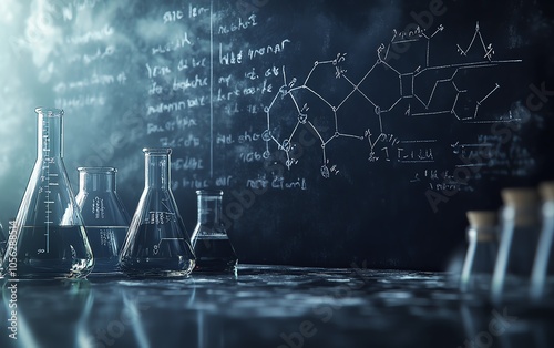 Innovative 3D rendering of a blackboard background featuring chalkwritten chemical structures and flasks, ideal for illustrating exact sciences education photo