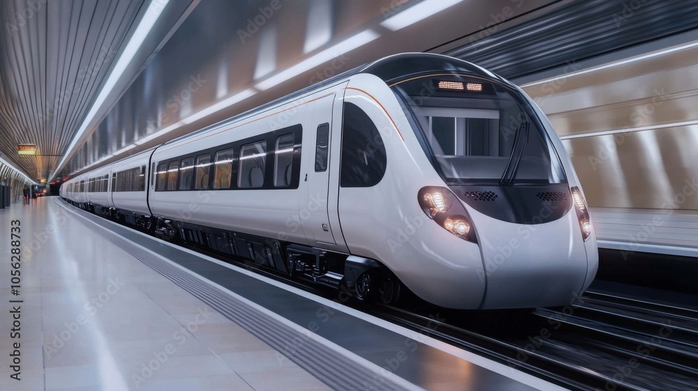 Naklejka premium Modern White Train Speeding Through a Tunnel