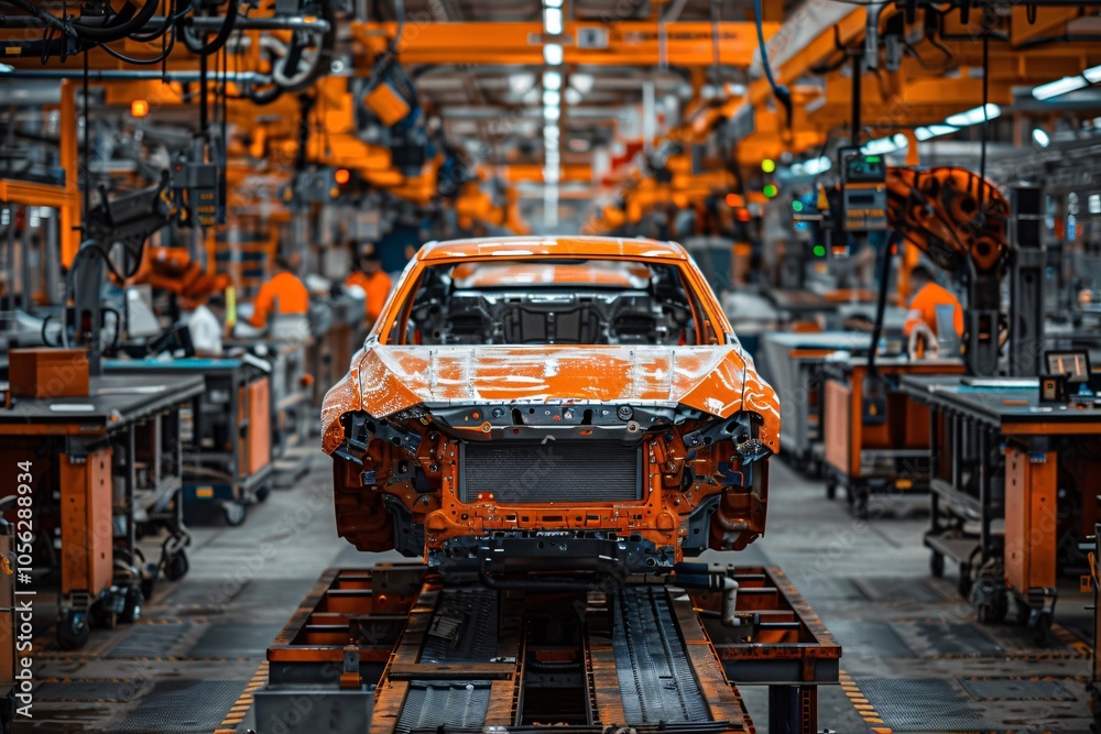 The inside of a manufacturing plant features a nearly completed orange car on the assembly line, surrounded by workers and automated machinery engaged in production activities The inside of a manufacturing plant features a nearly completed orange car on the assembly line, surrounded by workers and automated machinery engaged in production activities