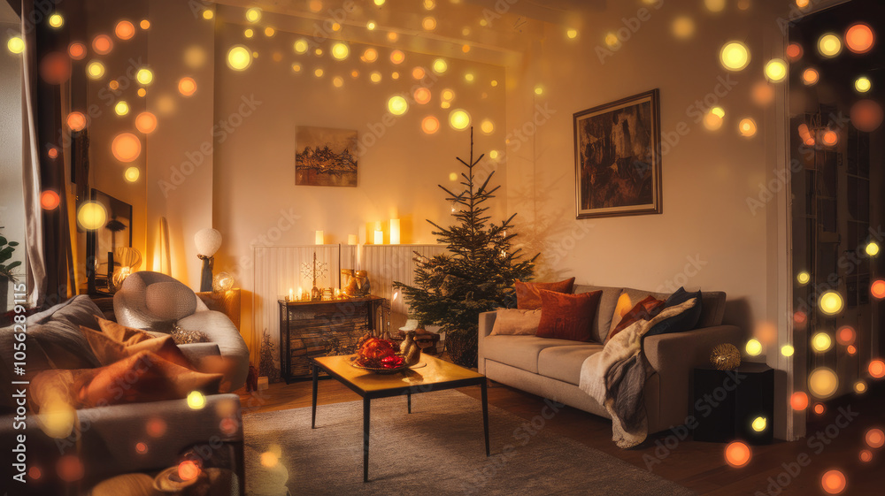 A cozy living room adorned with warm lights and holiday decorations, featuring a comfortable sofa, a festive tree, and a coffee table set with seasonal treats. A cozy living room adorned with warm lights and holiday decorations, featuring a comfortable sofa, a festive tree, and a coffee table set with seasonal treats.