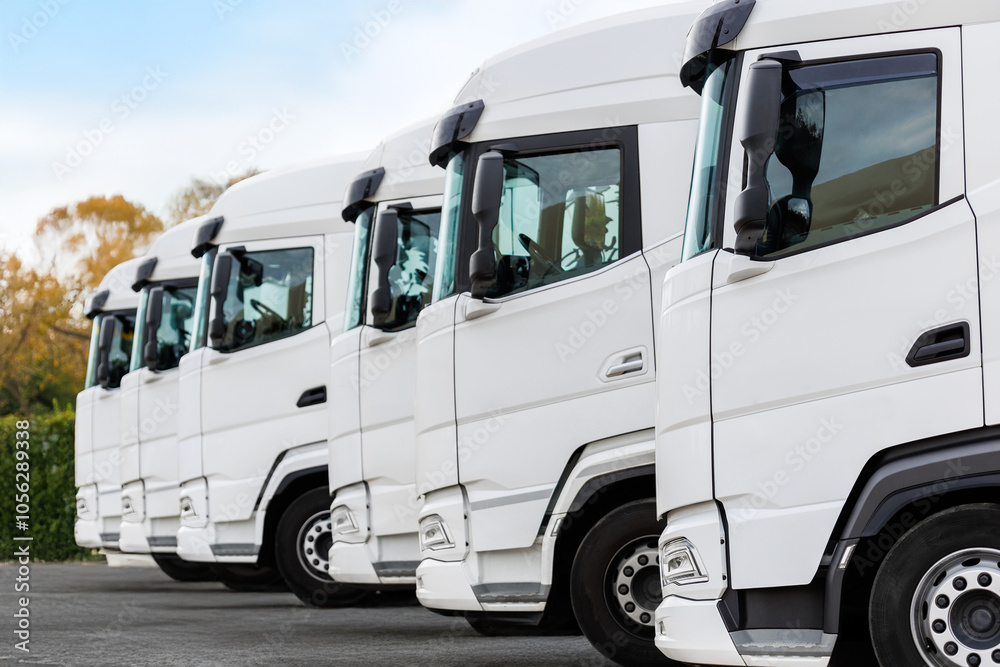 Fleet of new modern electric hybrid hydrogen or diesel white trucks parked in line row outdoors. Cargo freight industrial transportation logistics service. Commercial vehicles maintenance insurance Fleet of new modern electric hybrid hydrogen or diesel white trucks parked in line row outdoors. Cargo freight industrial transportation logistics service. Commercial vehicles maintenance insurance
