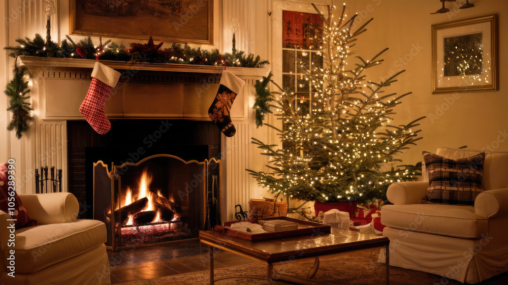 Cozy living room scene featuring a decorated Christmas tree, glowing fireplace, and festive stockings, evoking warmth and holiday spirit in a serene atmosphere. Cozy living room scene featuring a decorated Christmas tree, glowing fireplace, and festive stockings, evoking warmth and holiday spirit in a serene atmosphere.