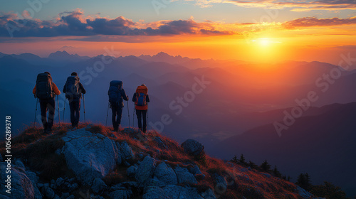 Friends admiring a mountain sunrise from a high ridge: A small group of hikers on a ridge, looking out at the sunrise with visible five-fingered hands holding trekking poles. Their