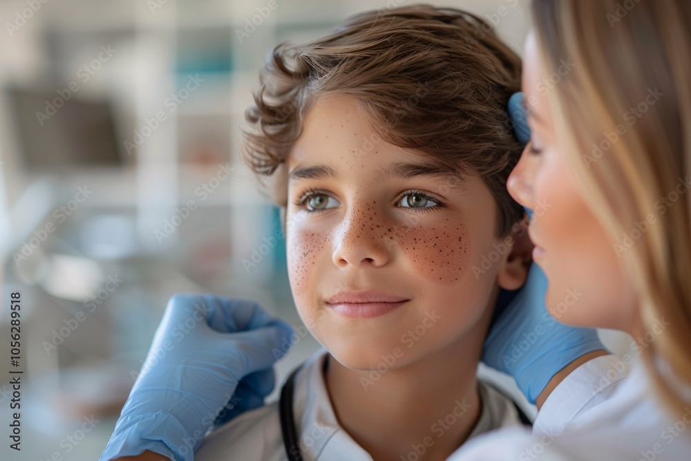 A healthcare professional gently examines a young boy in a modern clinic. The boy looks calm and attentive as he receives care, surrounded by a bright and welcoming environment A healthcare professional gently examines a young boy in a modern clinic. The boy looks calm and attentive as he receives care, surrounded by a bright and welcoming environment