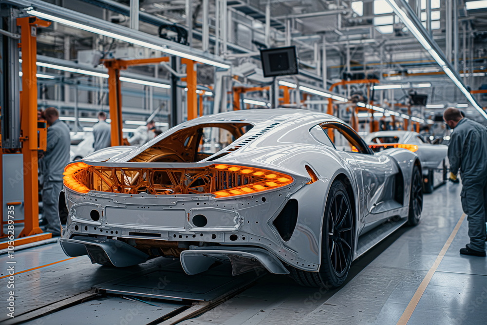 Skilled workers assemble a sleek, high-performance sports car in a modern factory, highlighting advanced technology and intricate design details. The atmosphere showcases efficiency and precision Skilled workers assemble a sleek, high-performance sports car in a modern factory, highlighting advanced technology and intricate design details. The atmosphere showcases efficiency and precision