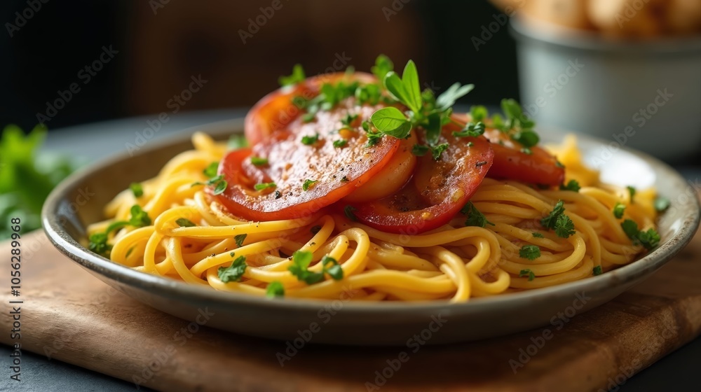 Rustic Pasta with Tomatoes and Fresh Parsley on Wooden Board Rustic Pasta with Tomatoes and Fresh Parsley on Wooden Board