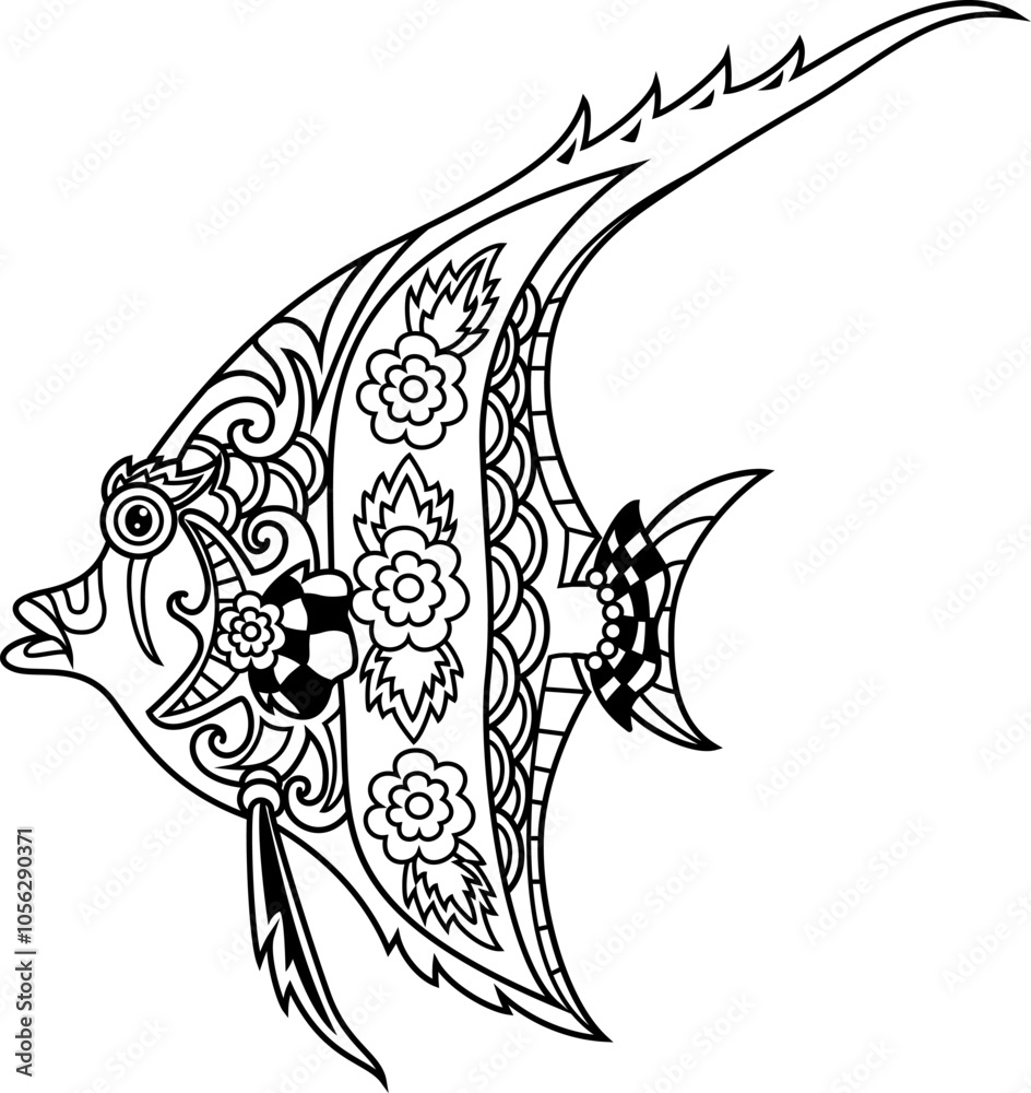 Obraz premium tattoo style black and white illustration of a fish art. Hand drawn fish tattoo.