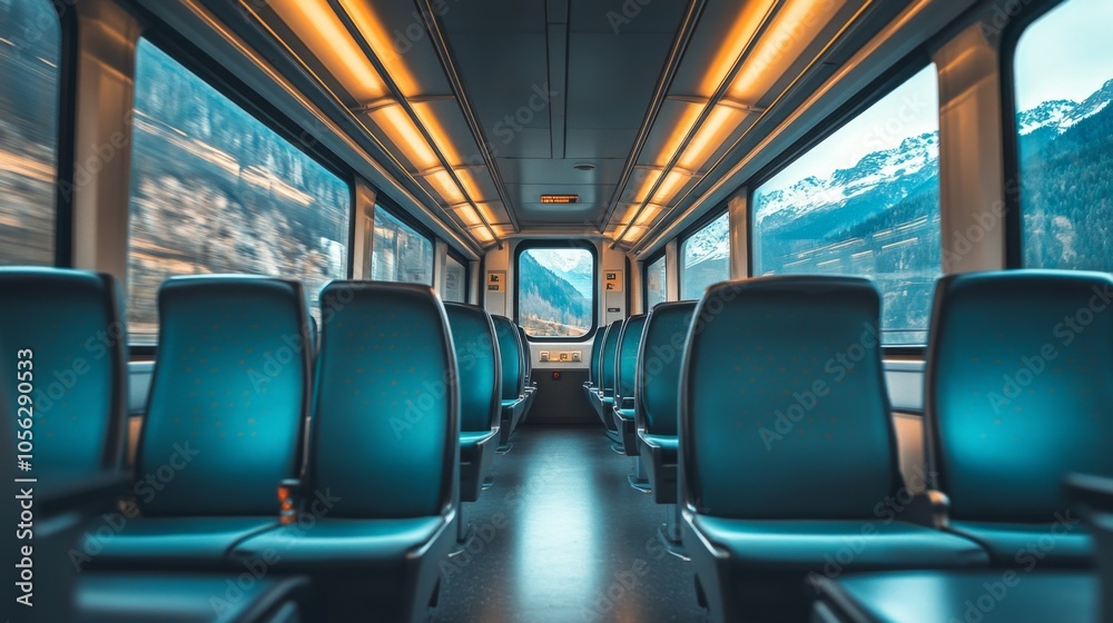 Empty Train Seats Facing Snowy Mountain View Empty Train Seats Facing Snowy Mountain View