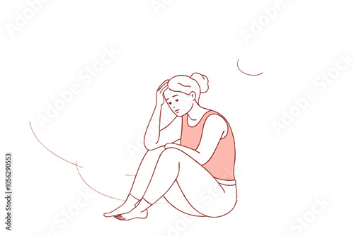 Worried Woman Sitting on Floor Line Drawing – Expressive Minimalist Art