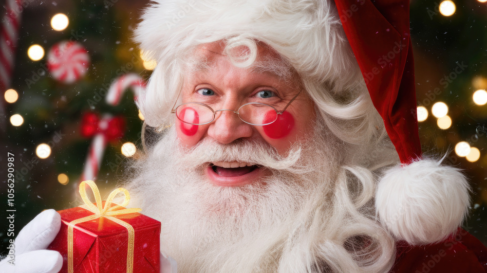 Cheerful elderly Caucasian Santa Claus holds a beautifully wrapped gift, radiating joy amidst festive lights and holiday decorations, embodying the spirit of Christmas. Cheerful elderly Caucasian Santa Claus holds a beautifully wrapped gift, radiating joy amidst festive lights and holiday decorations, embodying the spirit of Christmas.
