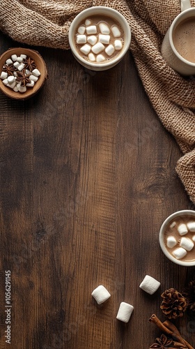 Obraz na płótnie Christmas morning scene with hot cocoa, marshmallows, and a cozy blanket on a wooden table, seen from above with blank space in the middle for text w salonie