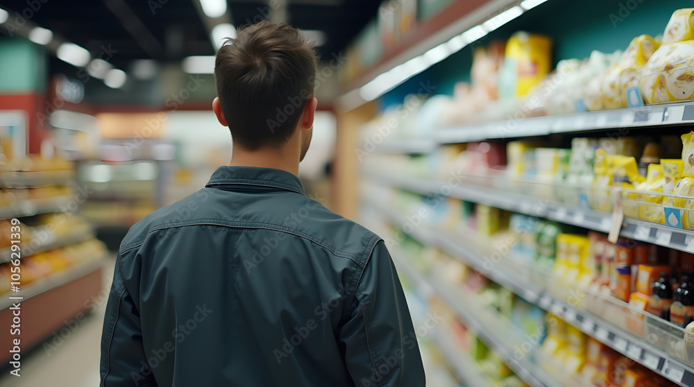 Rear view of a young man looking at food products in supermarket Rear view of a young man looking at food products in supermarket