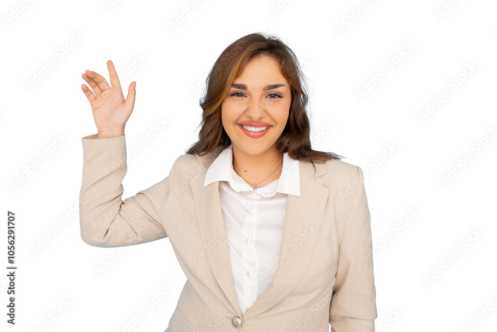 Young businesswoman pointing to featured product Young businesswoman pointing to featured product