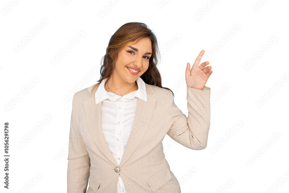 Young businesswoman pointing to featured product Young businesswoman pointing to featured product