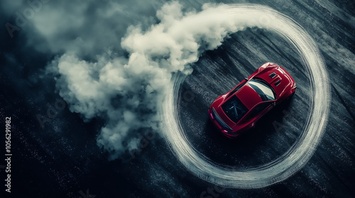 Aerial view of a red sports car drifting in a smoky circle on dark pavement photo