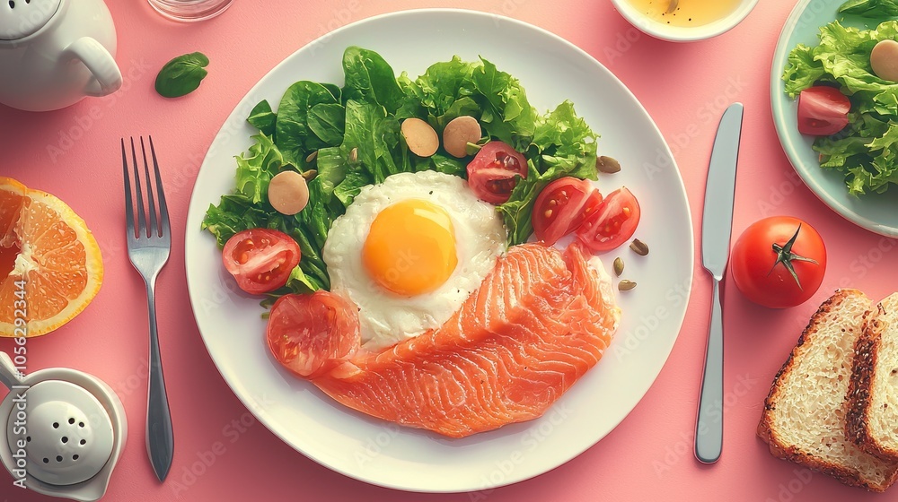 Vibrant breakfast, fresh salmon, sunny-side egg, crisp greens, cherry tomatoes, nuts, orange slice, cozy setting Vibrant breakfast, fresh salmon, sunny-side egg, crisp greens, cherry tomatoes, nuts, orange slice, cozy setting