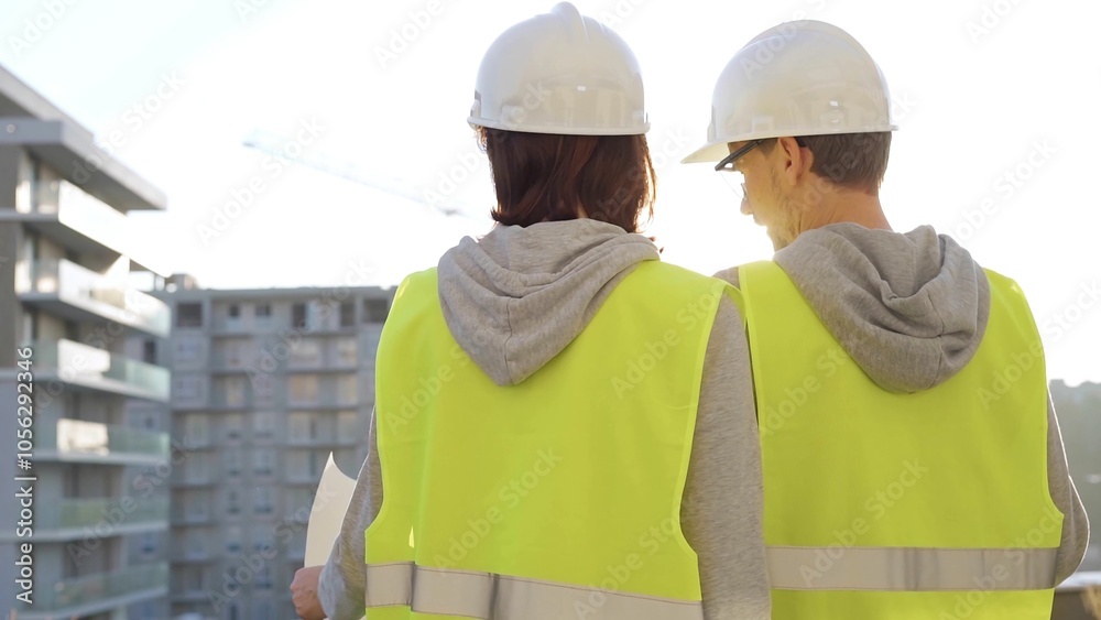 Man and woman architects or engineers wearing safety hard hats and vests holding blueprint and discussing something on construction site at sunrise, back view. Architecture and engineering Man and woman architects or engineers wearing safety hard hats and vests holding blueprint and discussing something on construction site at sunrise, back view. Architecture and engineering