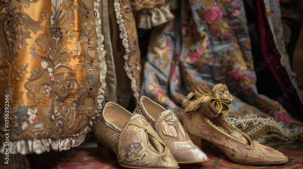Pair of intricately embroidered shoes lay on a carpet beside an elaborate dress, showcasing the craftsmanship and fashion of the 17th century Pair of intricately embroidered shoes lay on a carpet beside an elaborate dress, showcasing the craftsmanship and fashion of the 17th century