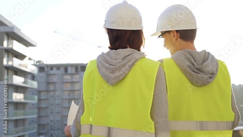 Man and woman architects or engineers wearing safety hard hats and vests holding blueprint and discussing something on construction site at sunrise, back view. Architecture and engineering