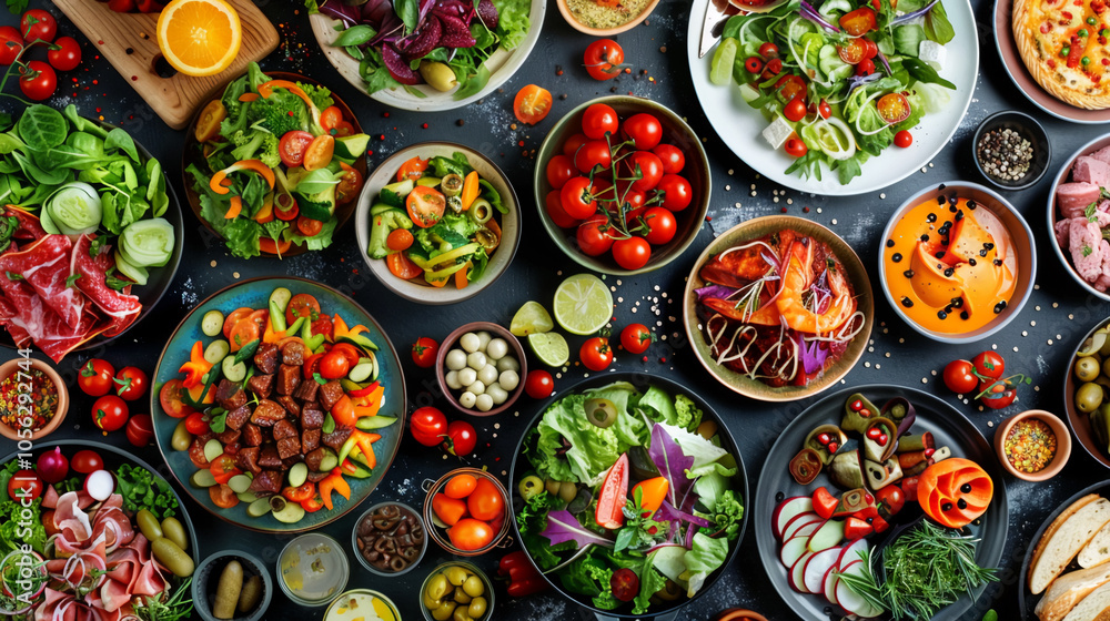 A table of many colorful foods, including salads, meats, and seafood, prepared for a festive gathering A table of many colorful foods, including salads, meats, and seafood, prepared for a festive gathering