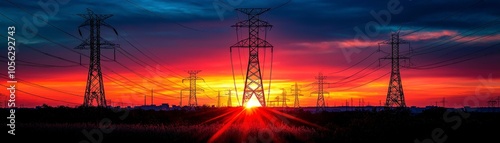 Vibrant sunset, silhouetted power lines, dramatic sky, orange and blue contrast, industrial tranquility
