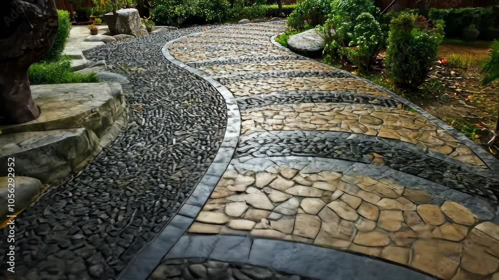 A winding stone path leads through a lush garden, the different textures of the stones adding visual interest to the landscape A winding stone path leads through a lush garden, the different textures of the stones adding visual interest to the landscape