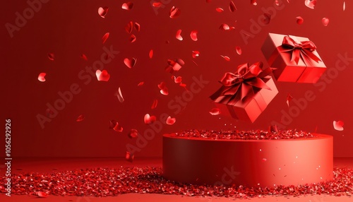 Red podium with an open gift box and falling petals, perfect for Valentinea??s Day cosmetic presentations. photo