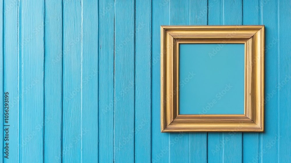 Golden Frame on Blue Wooden Wall Golden Frame on Blue Wooden Wall