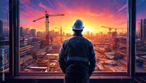 Male civil engineer stands looking at the construction site