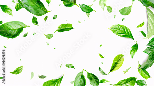 Wallpaper Mural Green flying leaves isolated on a white background, ideal for fresh, eco-friendly, or beauty product concepts Torontodigital.ca