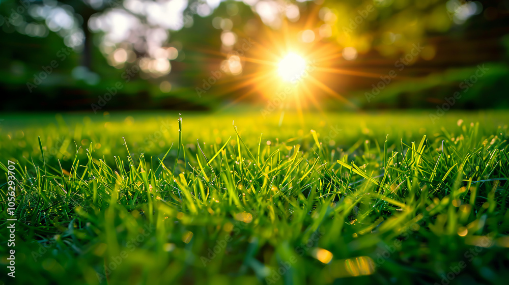 Naklejka premium Green grass with sunset views