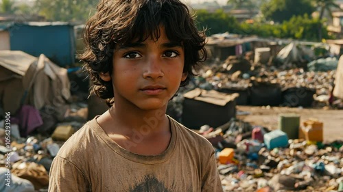 A young boy stands in a slum, looking directly at the camera