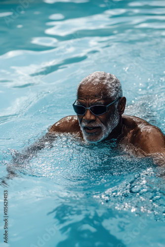 senior African American man swimming in bright pool. refreshing swim, water activity. senior leisure, retirement hobbies, active aging and healthy lifestyle.