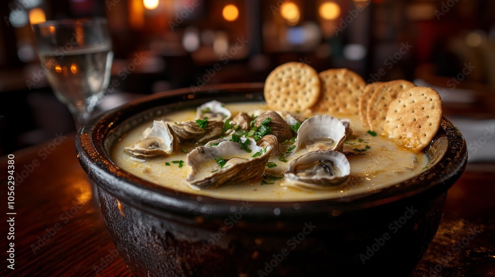 Classic New England Creamy Clam Chowder with Crackers in a Pub Setting.Concept of coastal cuisine, seafood dining, comfort food, rustic ambiance, and tavern culture. Classic New England Creamy Clam Chowder with Crackers in a Pub Setting.Concept of coastal cuisine, seafood dining, comfort food, rustic ambiance, and tavern culture.