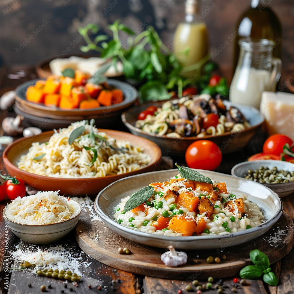A table is set with a variety of Italian dishes, including pumpkin risotto with peas, creamy pasta, and a side of roasted pumpkin A table is set with a variety of Italian dishes, including pumpkin risotto with peas, creamy pasta, and a side of roasted pumpkin