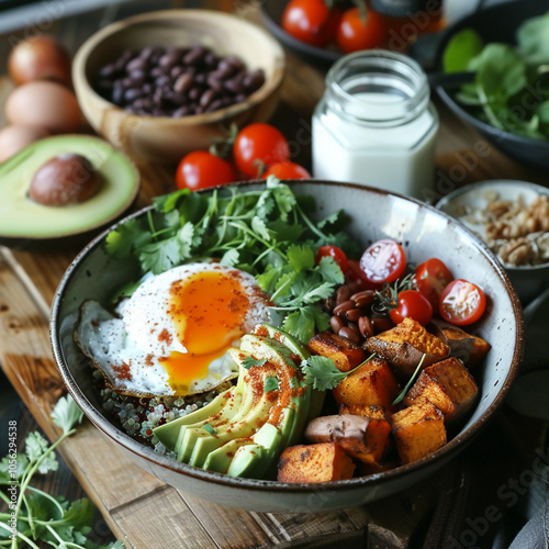 A healthy and delicious bowl of quinoa, avocado, sweet potato, black beans, and a fried egg is ready to be enjoyed