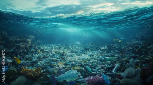 Underwater Scene of Plastic Pollution and Fish