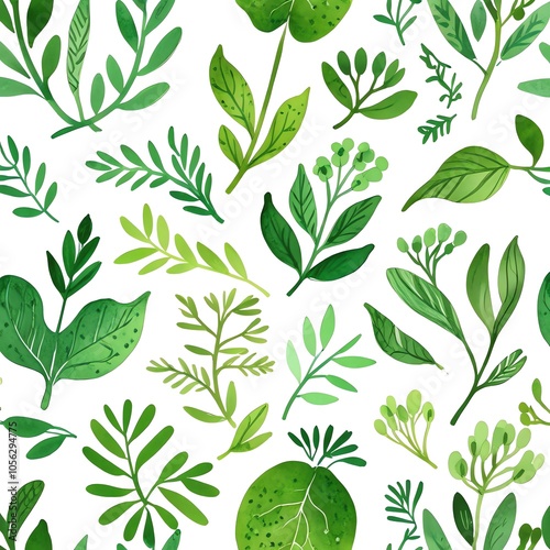 Watercolor Green Leaves Seamless Pattern