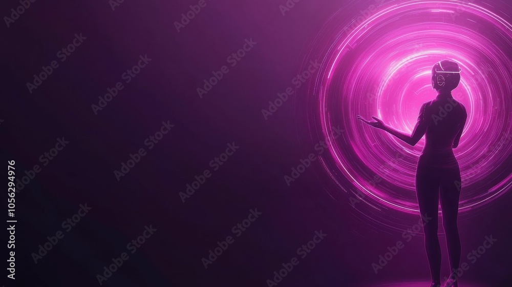 A woman is standing in front of a purple circle A woman is standing in front of a purple circle