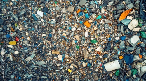 Close-up of Plastic and Debris Scattered Among Rocks