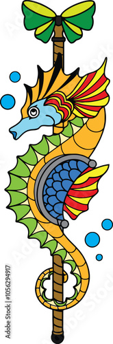 Seahorse hand drawn sketch tattoo colorful  design, Cartoon drawing of a sea horse in a multitude of colors, cute ocean animal