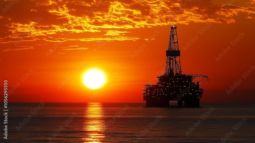 Obraz premium Offshore Oil Rig at Sunset.Concept of industrial strength, resource extraction, offshore engineering, energy production, environmental impact, global trade,Oil and gas industry, marine engineering, co