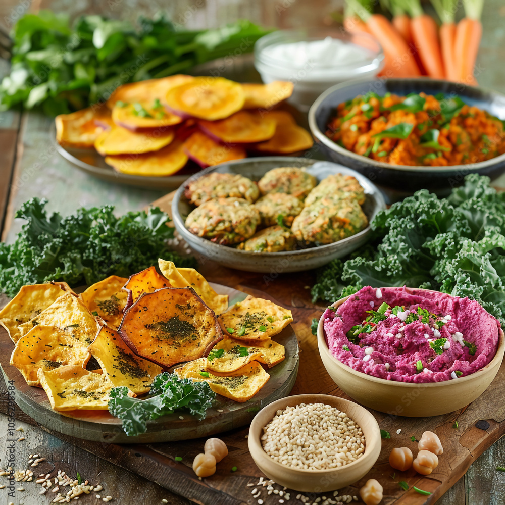 A table setting featuring various vegan snacks, including sweet potato chips, pita chips, falafel, dips, and quinoa A table setting featuring various vegan snacks, including sweet potato chips, pita chips, falafel, dips, and quinoa